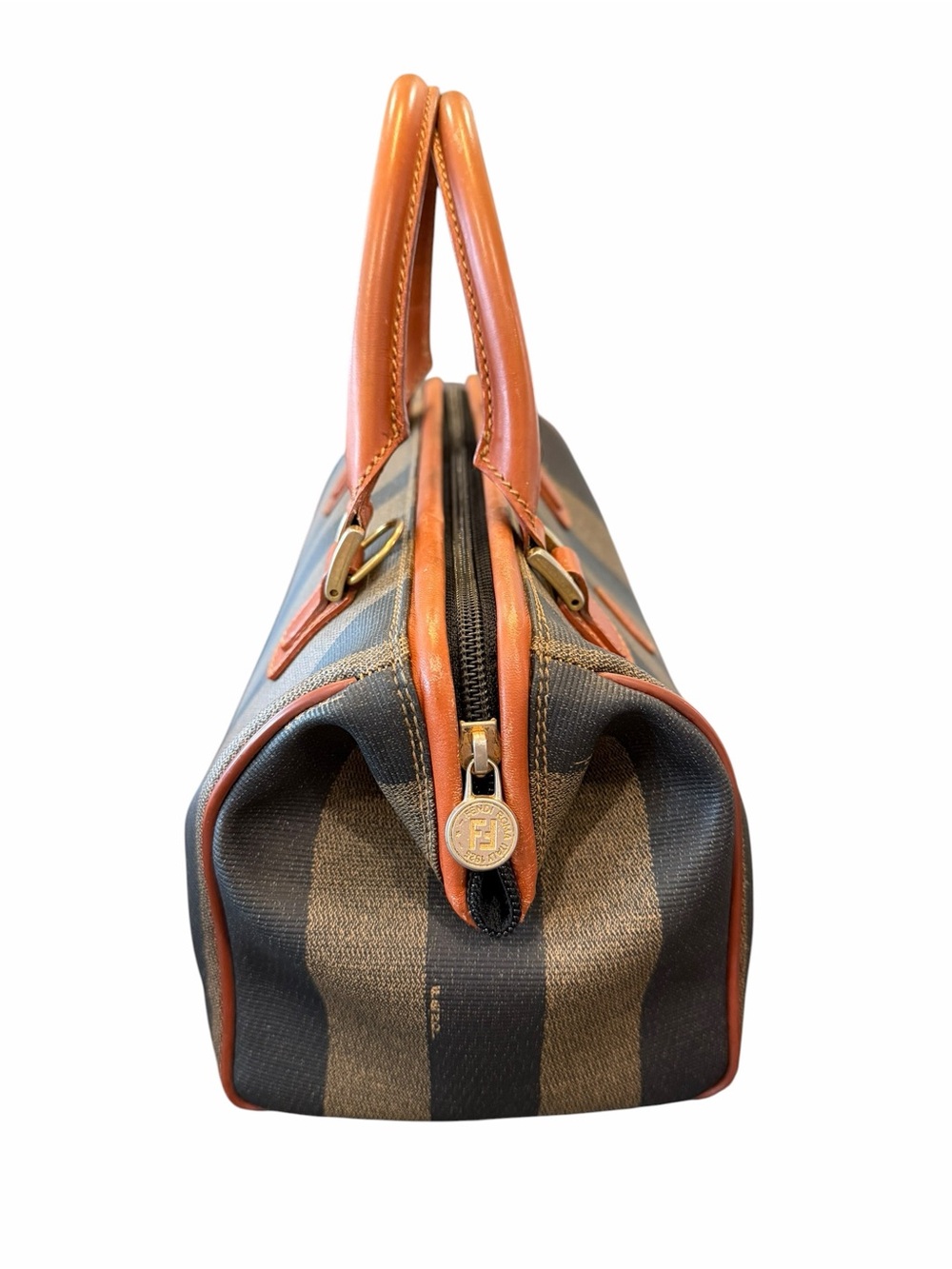 Fendi Top Handle Brown and Tan Striped Canvas Satchel with Leather Trim - Picture 4 of 12